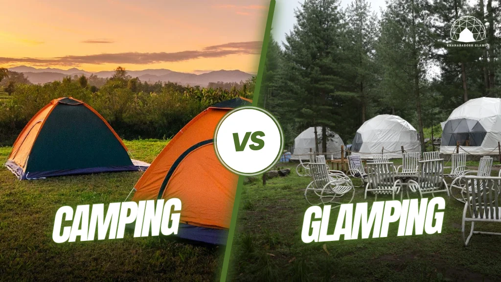 Side-by-side comparison of traditional camping with basic tents at sunset versus glamping with luxury dome tents and seating in a forested area.